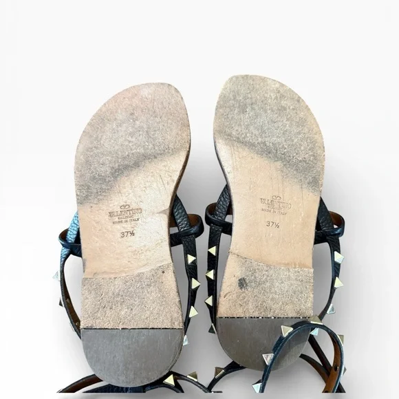 Valentino Rockstud Black Leather Thong Wrap Around Strap Flat Sandal 37.5 US 7.5